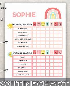 Kids Chart Girl Routine Chart Pink Rainbow Morning And Evening Etsy