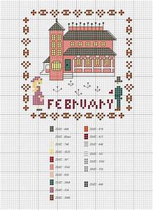A Cross Stitch Pattern With The Words February And An Image Of A Red House