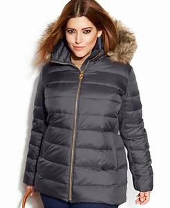 michael kors michael plus size hooded faux fur trim down puffer coat in