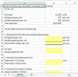 Solved Cvp Analysis Using Excel 39 S Basic Math Functions Jpl Chegg Com