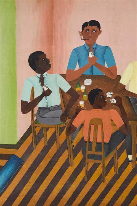 Painting of four men at a table. They are smoking and playing card.