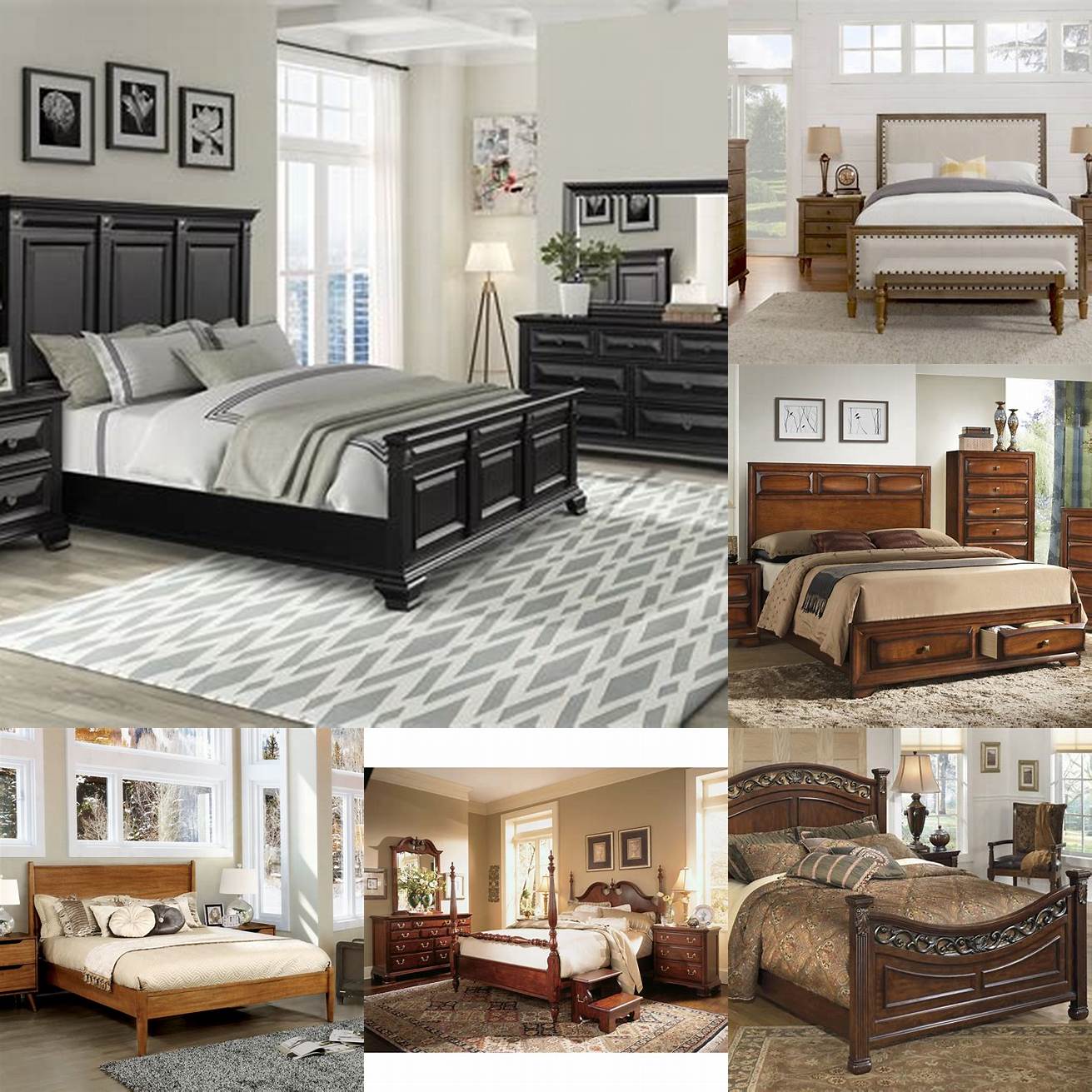 1 A traditional Queen Bed Set with a wooden bed frame and muted colors