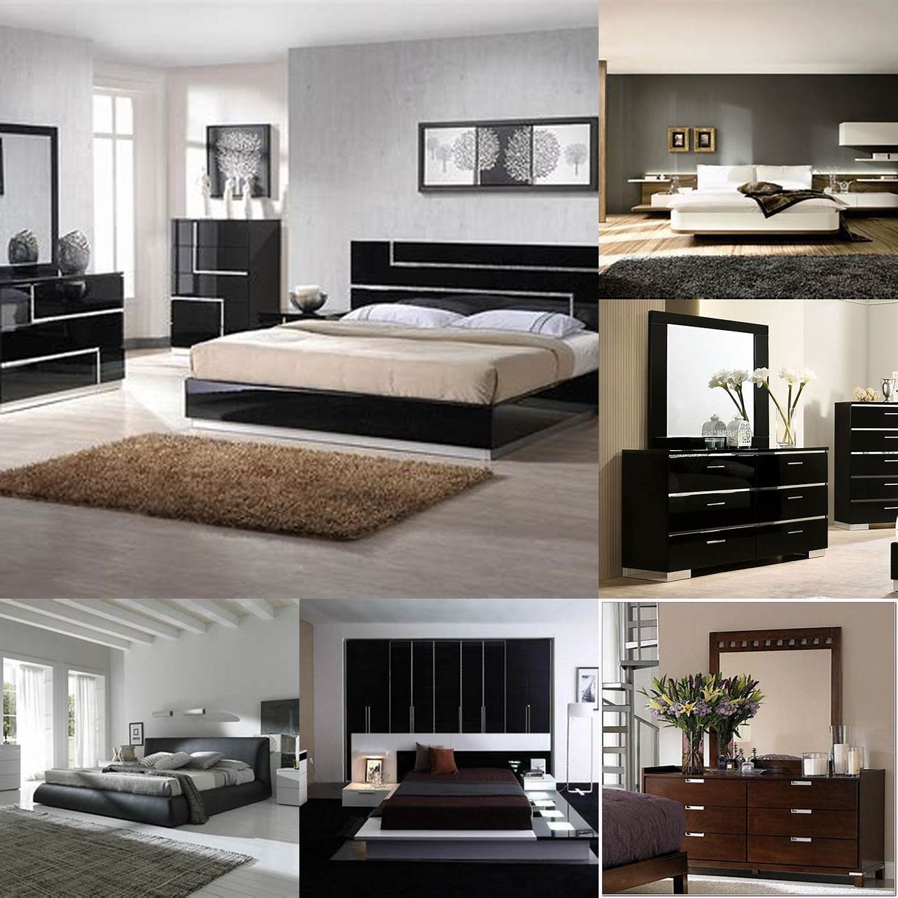 A contemporary bedroom dresser set with modern designs made from materials such as glass or chrome