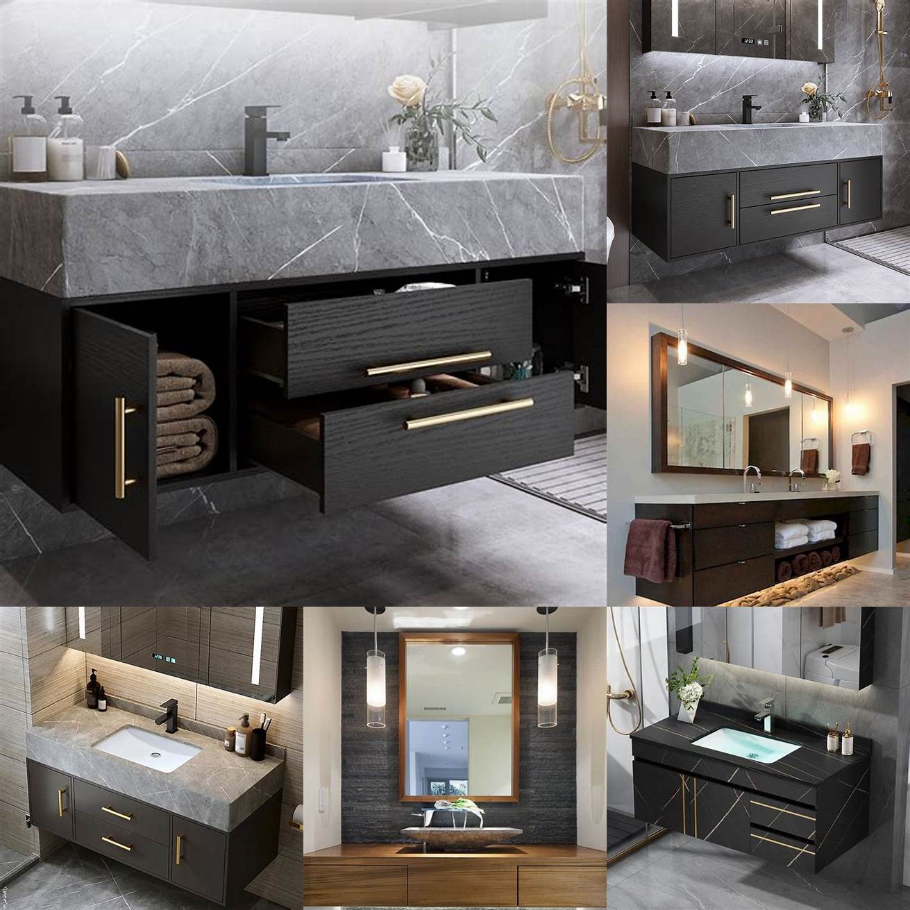 A contemporary modular bathroom vanity with floating cabinets a black granite countertop and integrated LED lighting