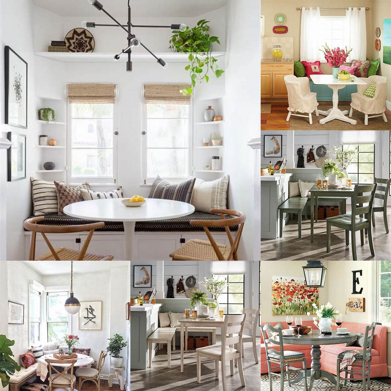 A cozy breakfast nook with a vintage table and mismatched chairs