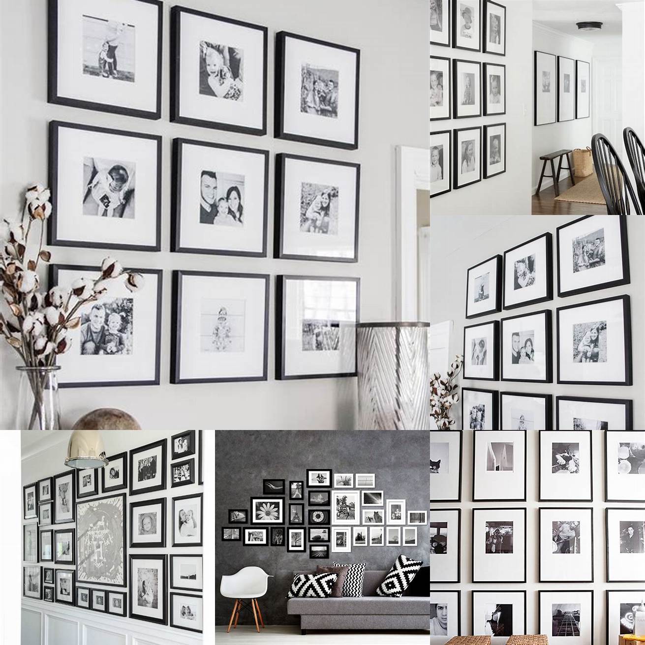 A gallery wall of black and white photos