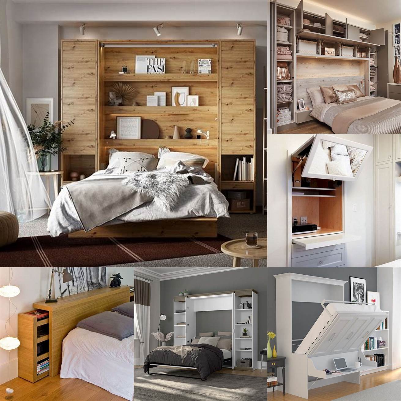 A hidden bed with storage shelves