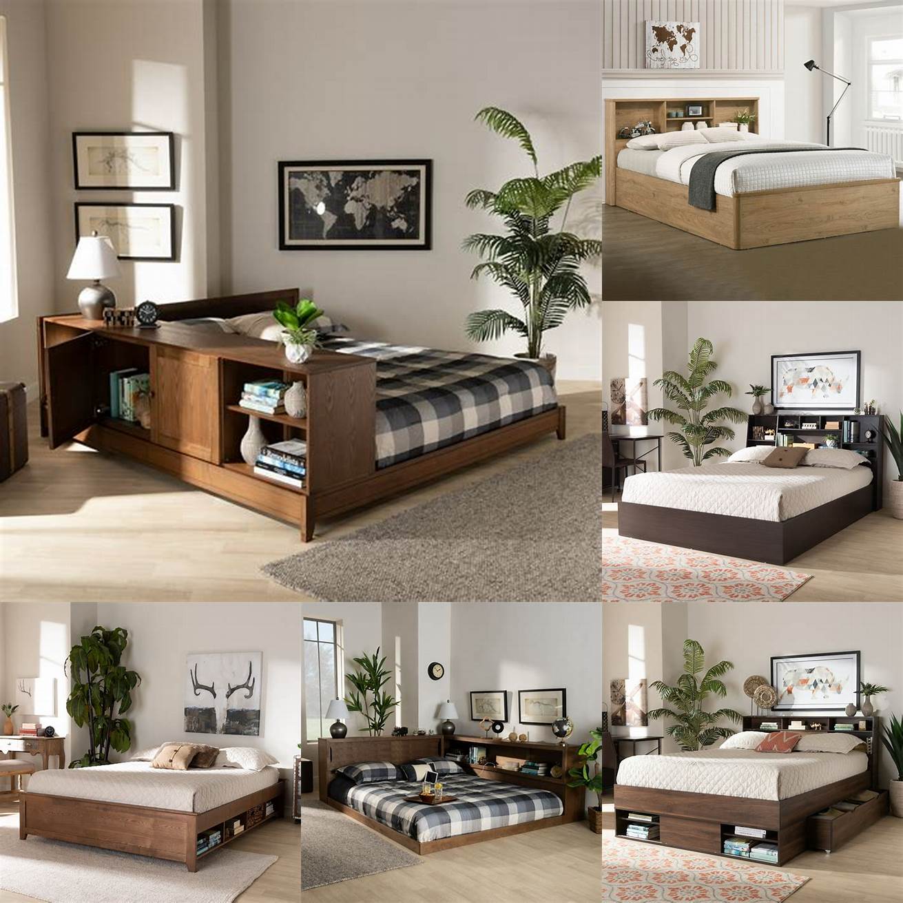 A low platform bed with a built-in headboard shelf