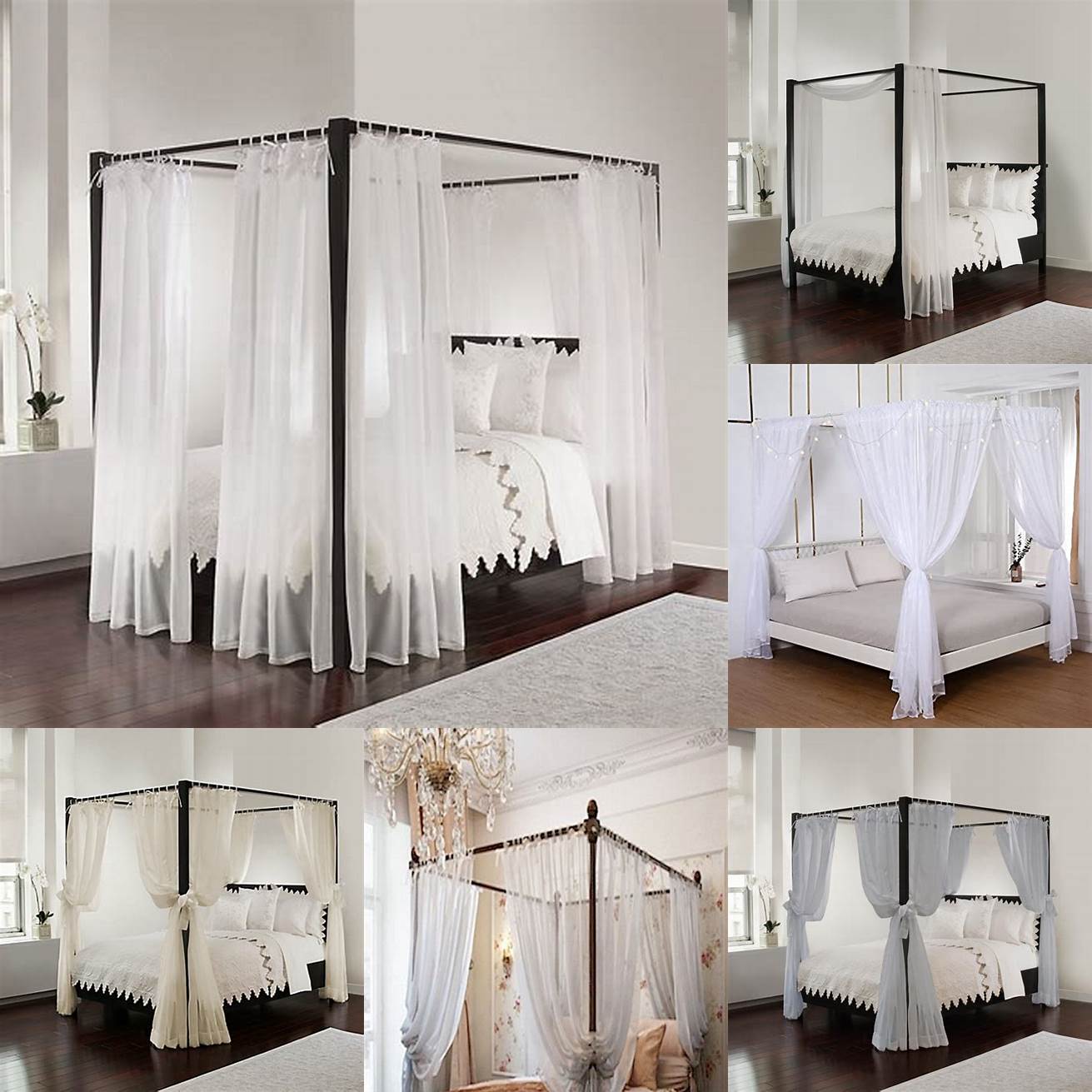 A low platform bed with a canopy and sheer curtains