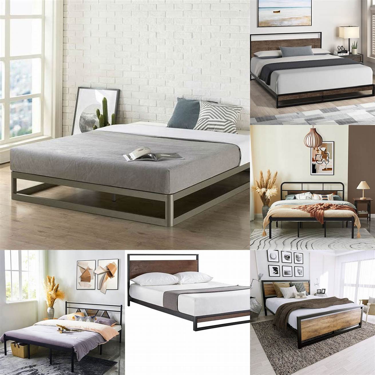 A low platform bed with a metal frame and industrial accents