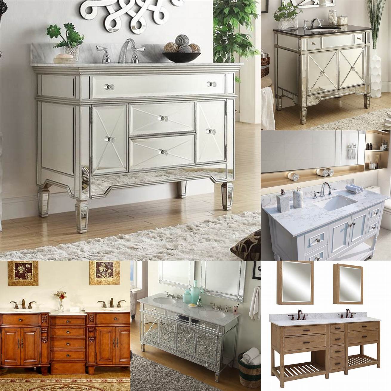 A luxurious and functional modular bathroom vanity with mirrored cabinets a polished chrome finish and a marble backsplash