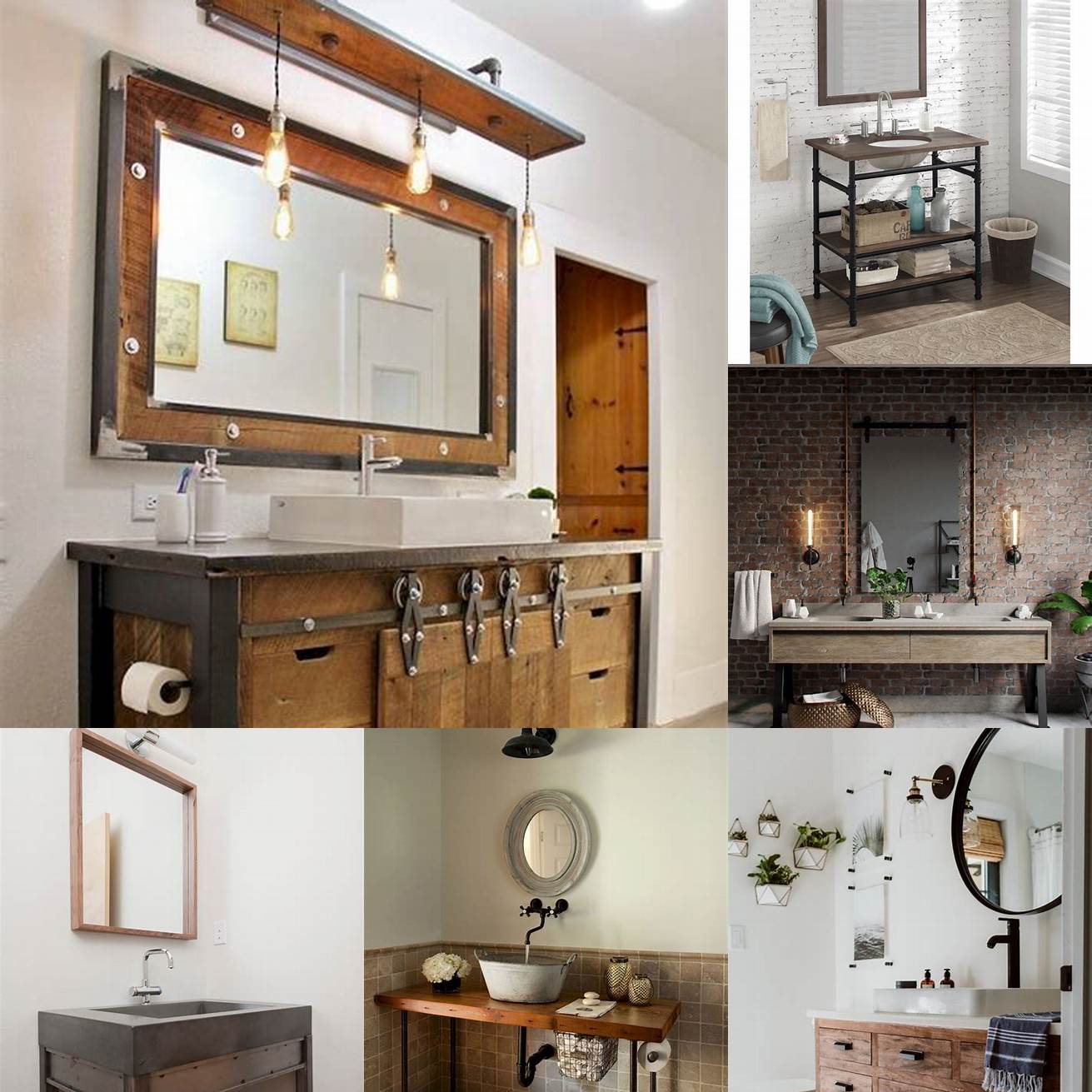 A minimalist and industrial-style modular bathroom vanity with open shelves a metal frame and a rustic wood countertop