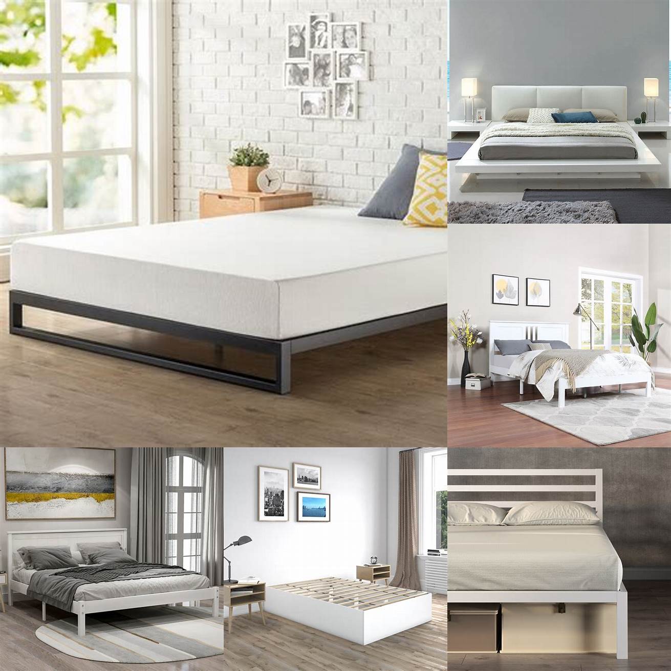 A minimalist queen bed platform with a white finish