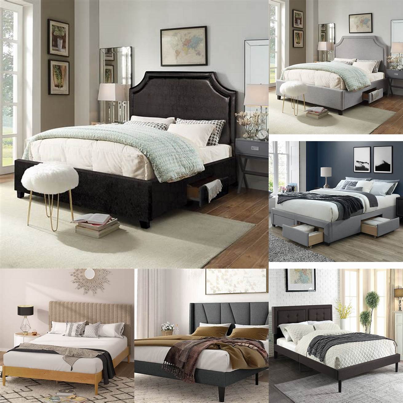 A platform bed frame with an upholstered headboard