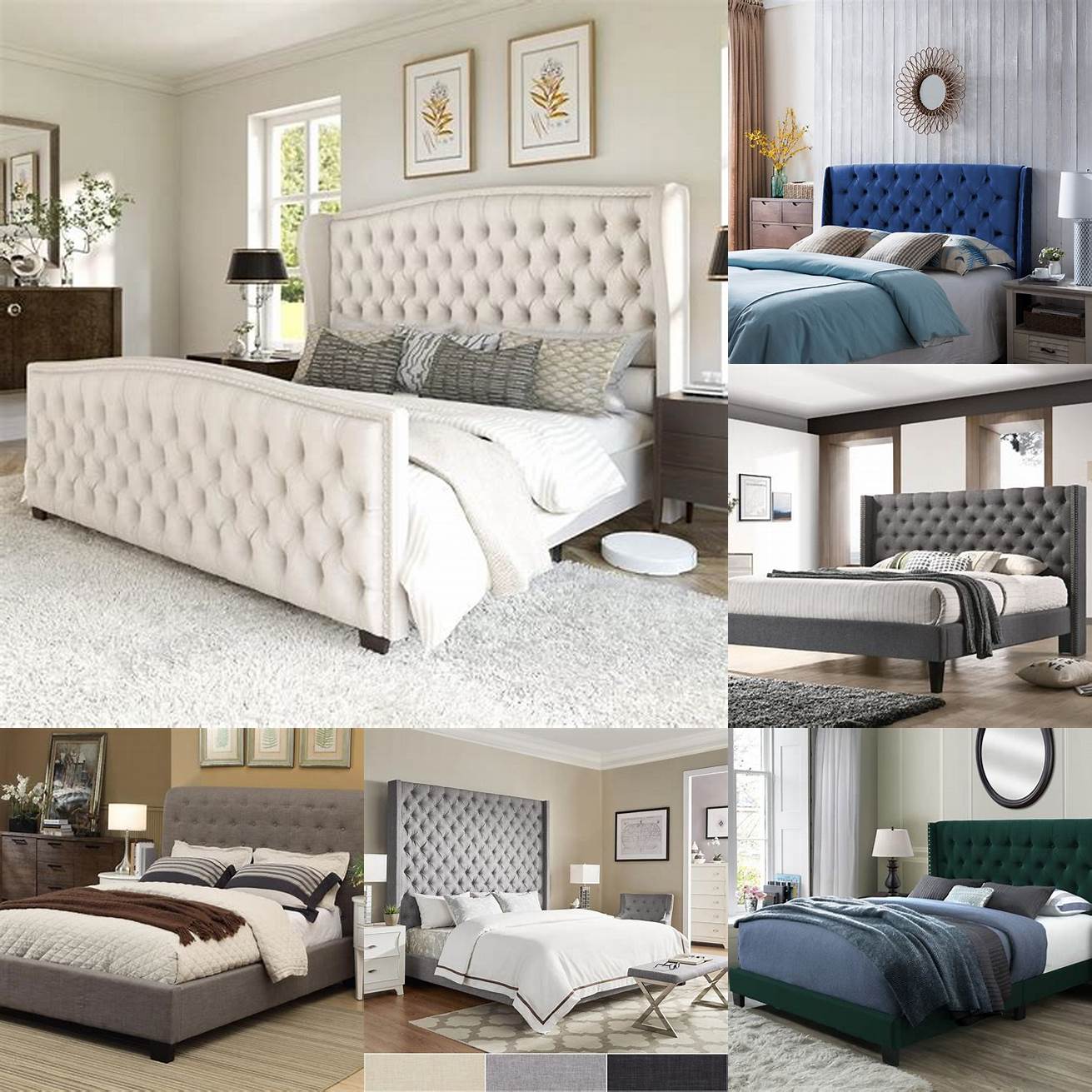 A queen bed platform with a tufted headboard