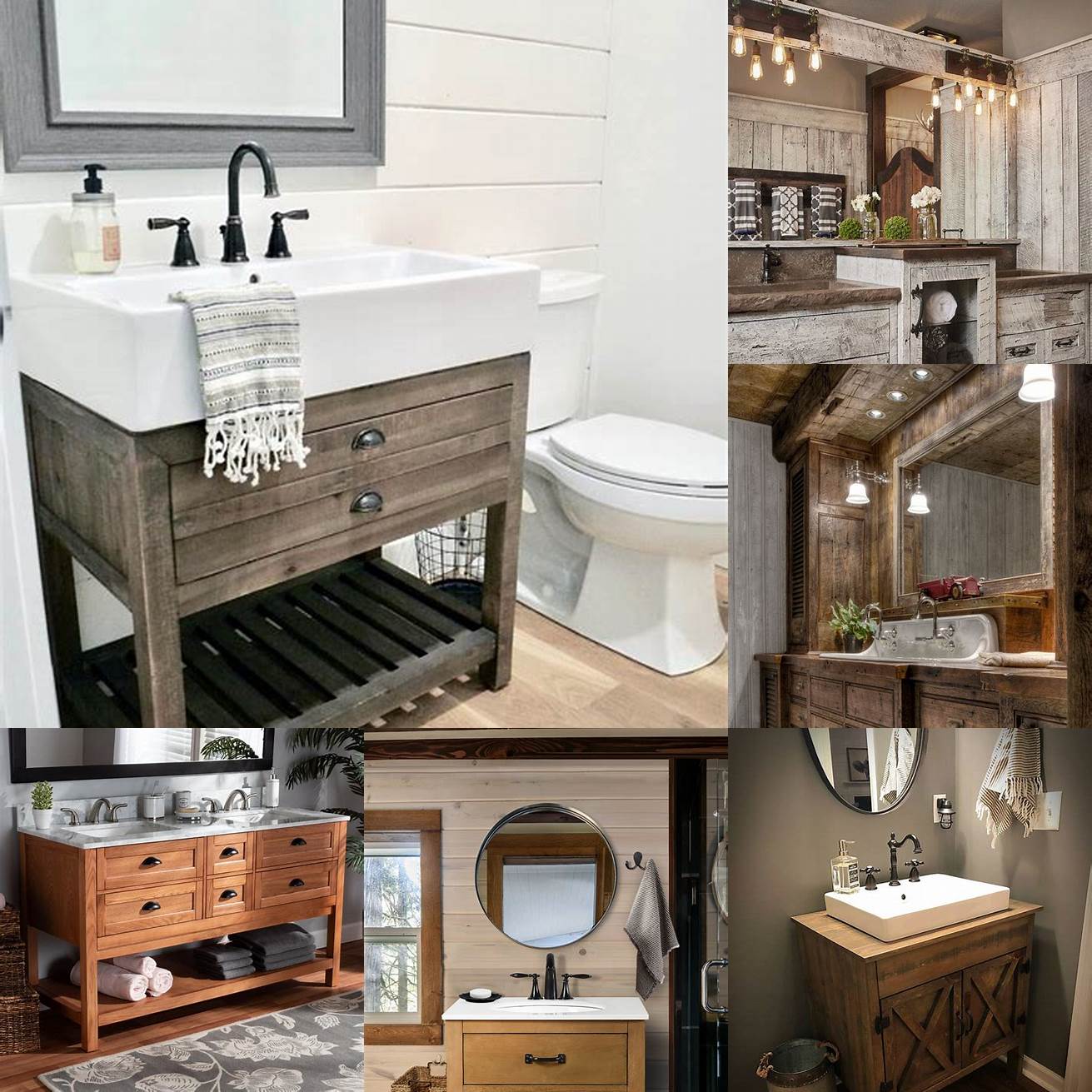 A rustic free-standing vanity in a farmhouse-style bathroom