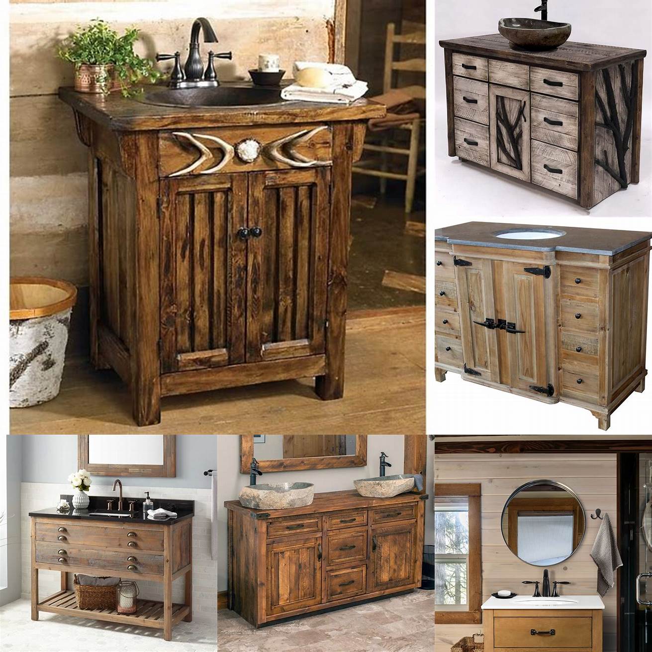 A rustic guest bathroom vanity with natural materials and a distressed finish