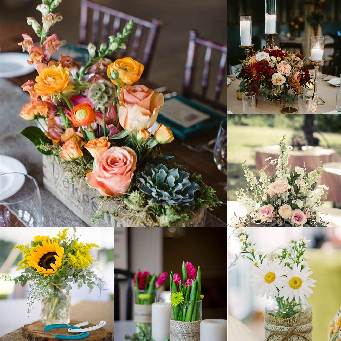 A simple floral centerpiece adds a pop of color to a rustic table