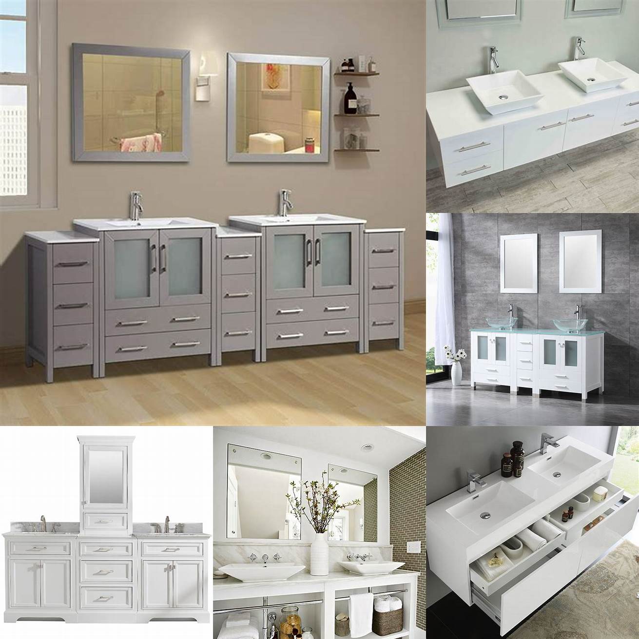A spacious and modern modular bathroom vanity with a double sink plenty of storage and a sleek white finish