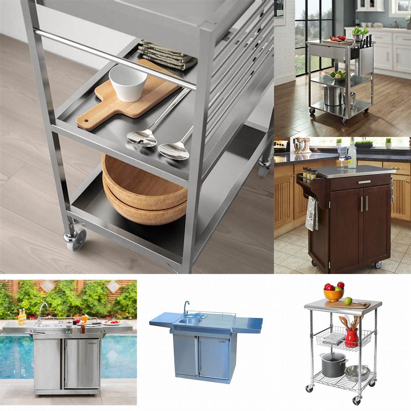 A stainless steel kitchen cart with a built-in sink