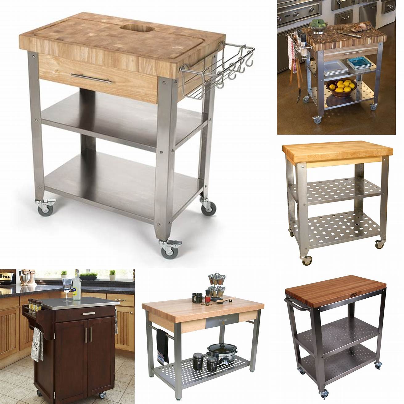 A stainless steel kitchen cart with a butcher block top