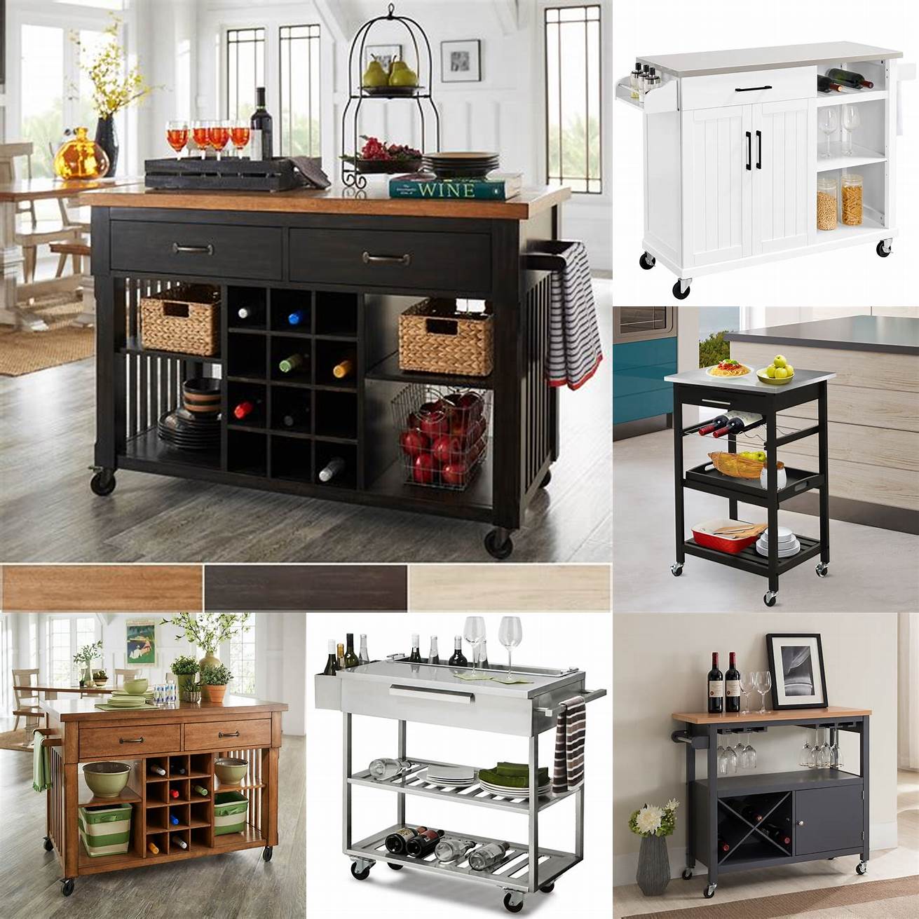 A stainless steel kitchen cart with a wine rack