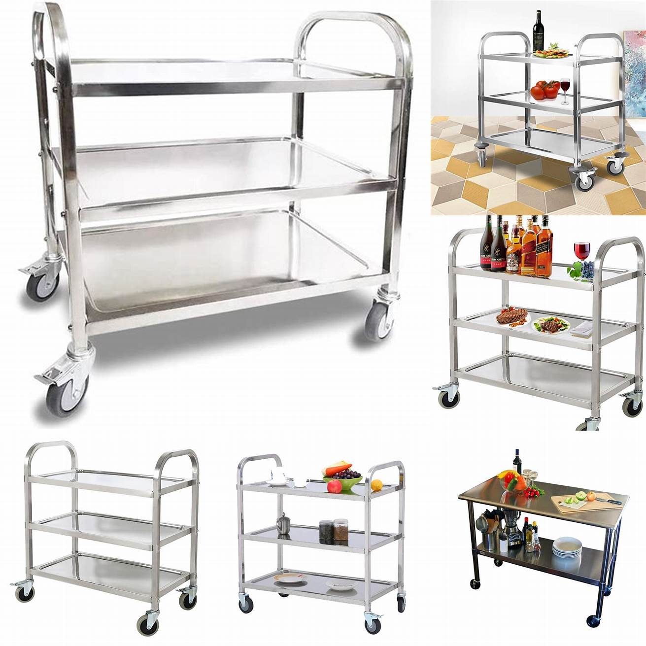 A stainless steel kitchen cart with locking wheels