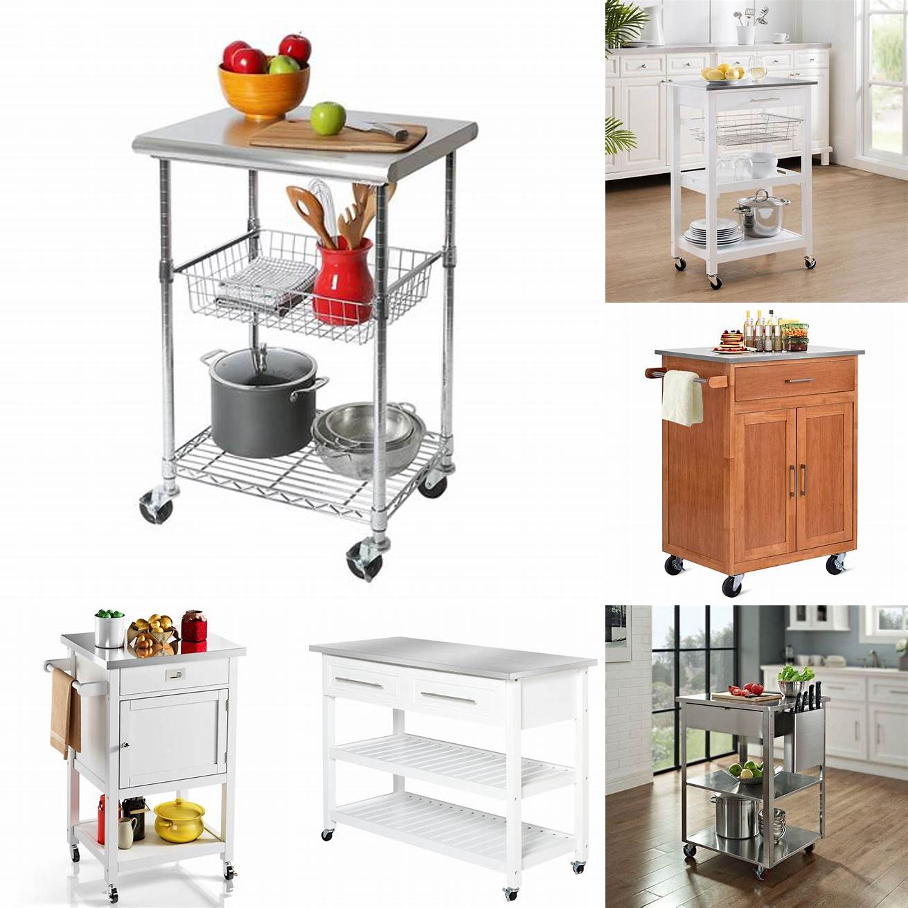 A stainless steel kitchen cart with two shelves and a towel rack