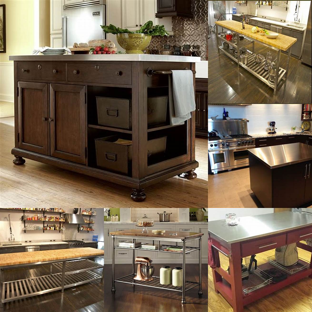 A stainless steel kitchen island with a butcher block top