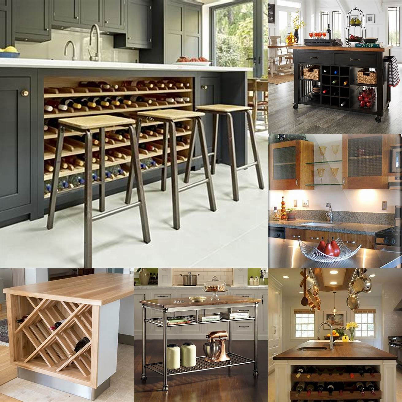 A stainless steel kitchen island with a wine rack