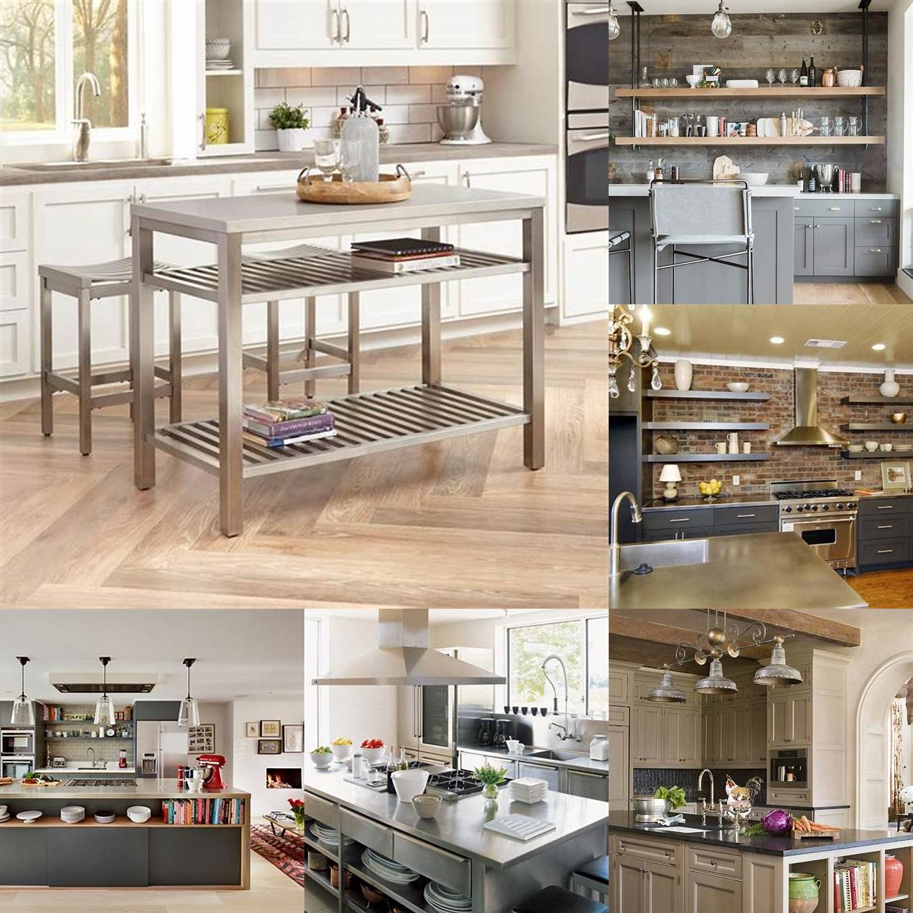 A stainless steel kitchen island with an open shelving design