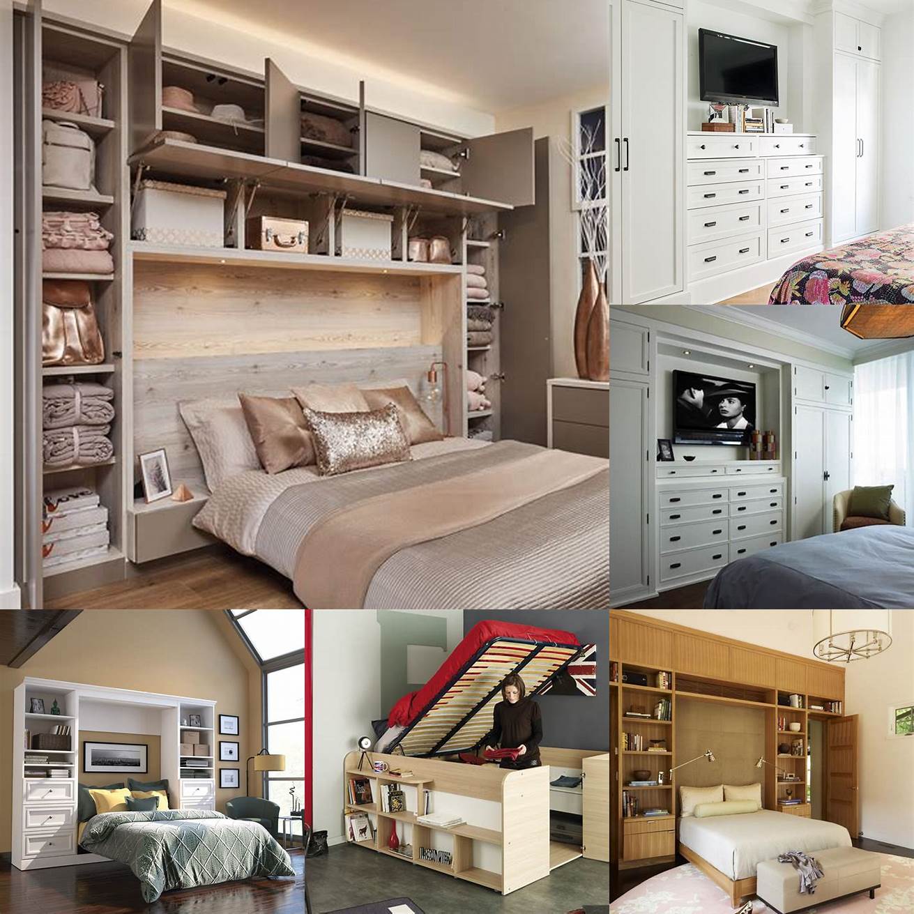 A storage bedroom double with built-in drawers and shelves for extra storage space