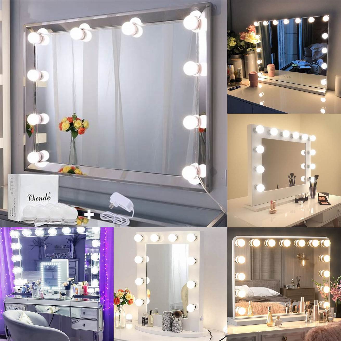 A vanity with a mirror and lights is perfect for those who need good lighting for their makeup This one has a Hollywood-style mirror with bulbs