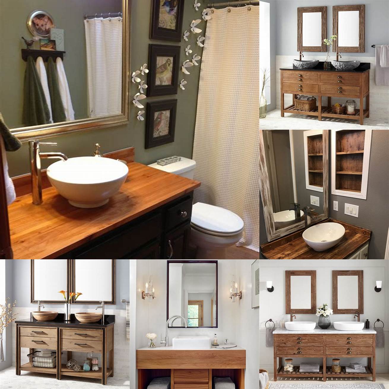 A vessel sink vanity with a wooden countertop