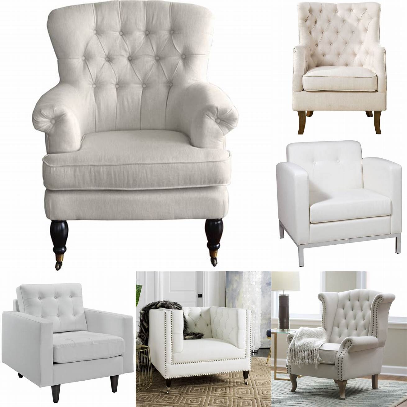 A white armchair with a tufted back