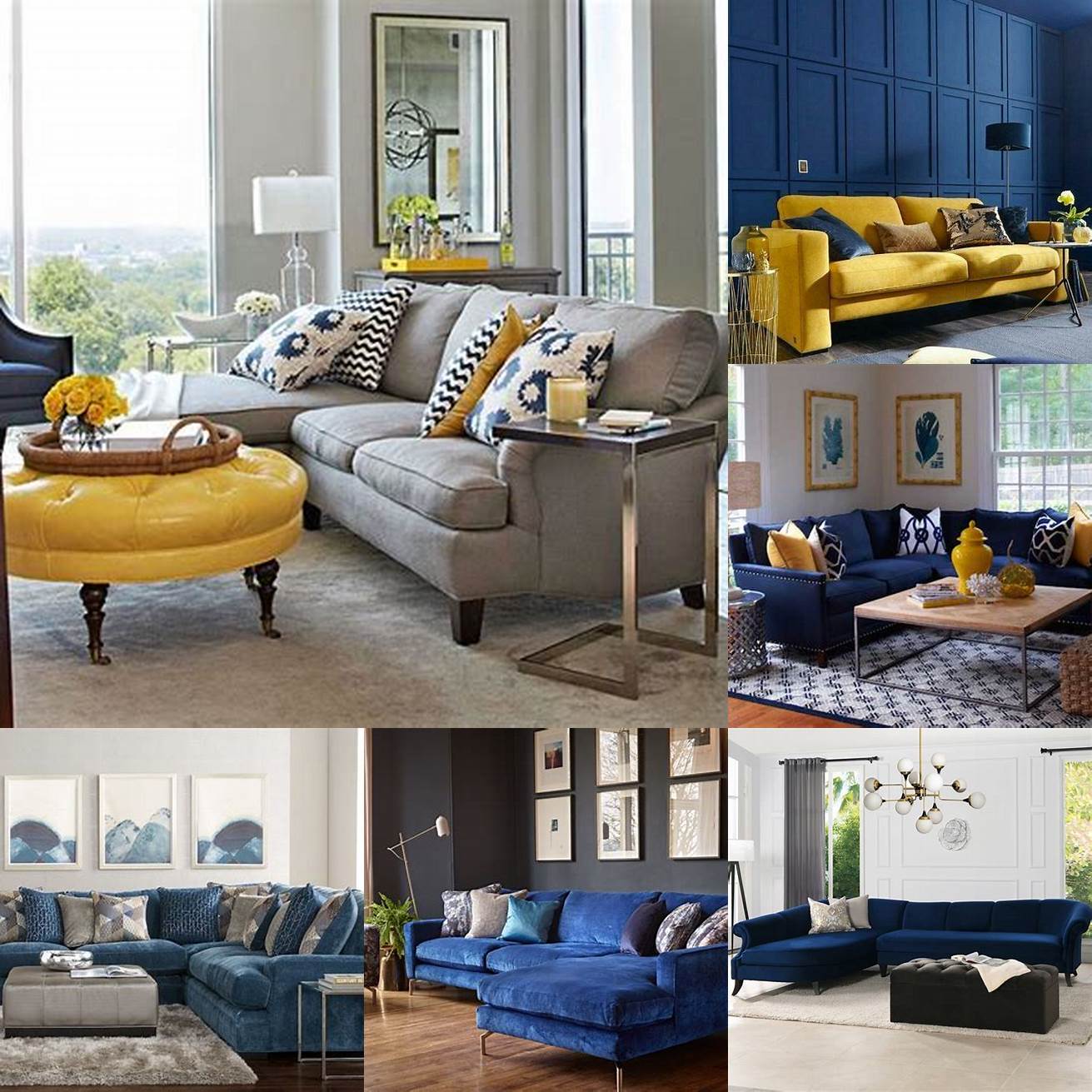 A yellow sectional sofa paired with a navy blue wall and gold accents