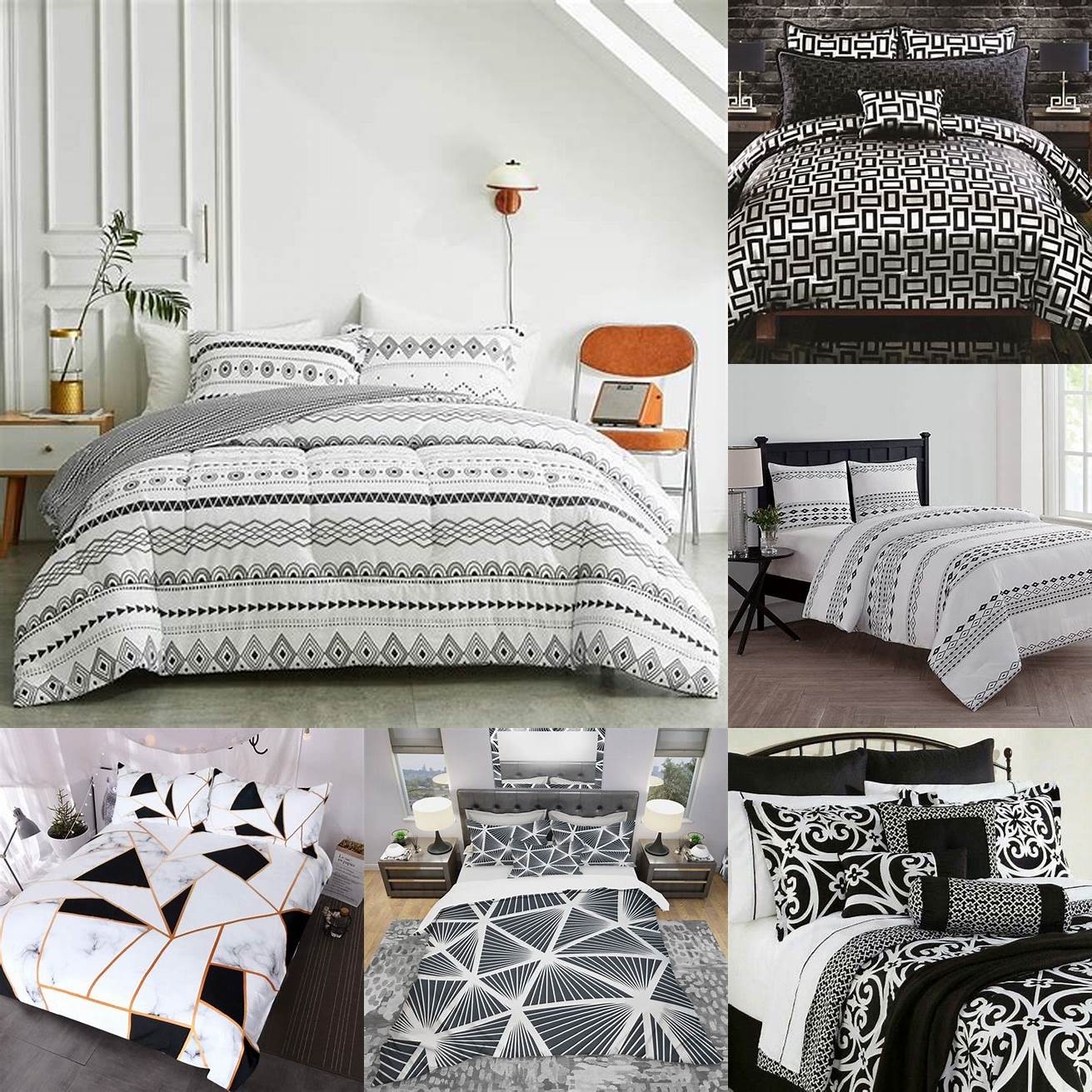 Black and white bedding with a geometric pattern