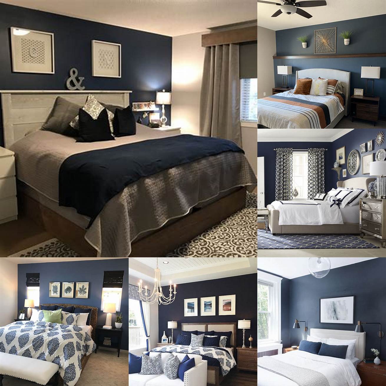 Blue accent wall with white bedding and navy blue accents