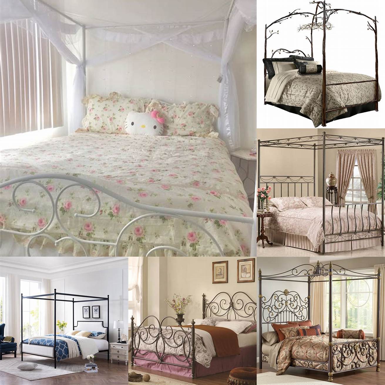 Canopy iron bed frame queen with pink bedding and fairy lights