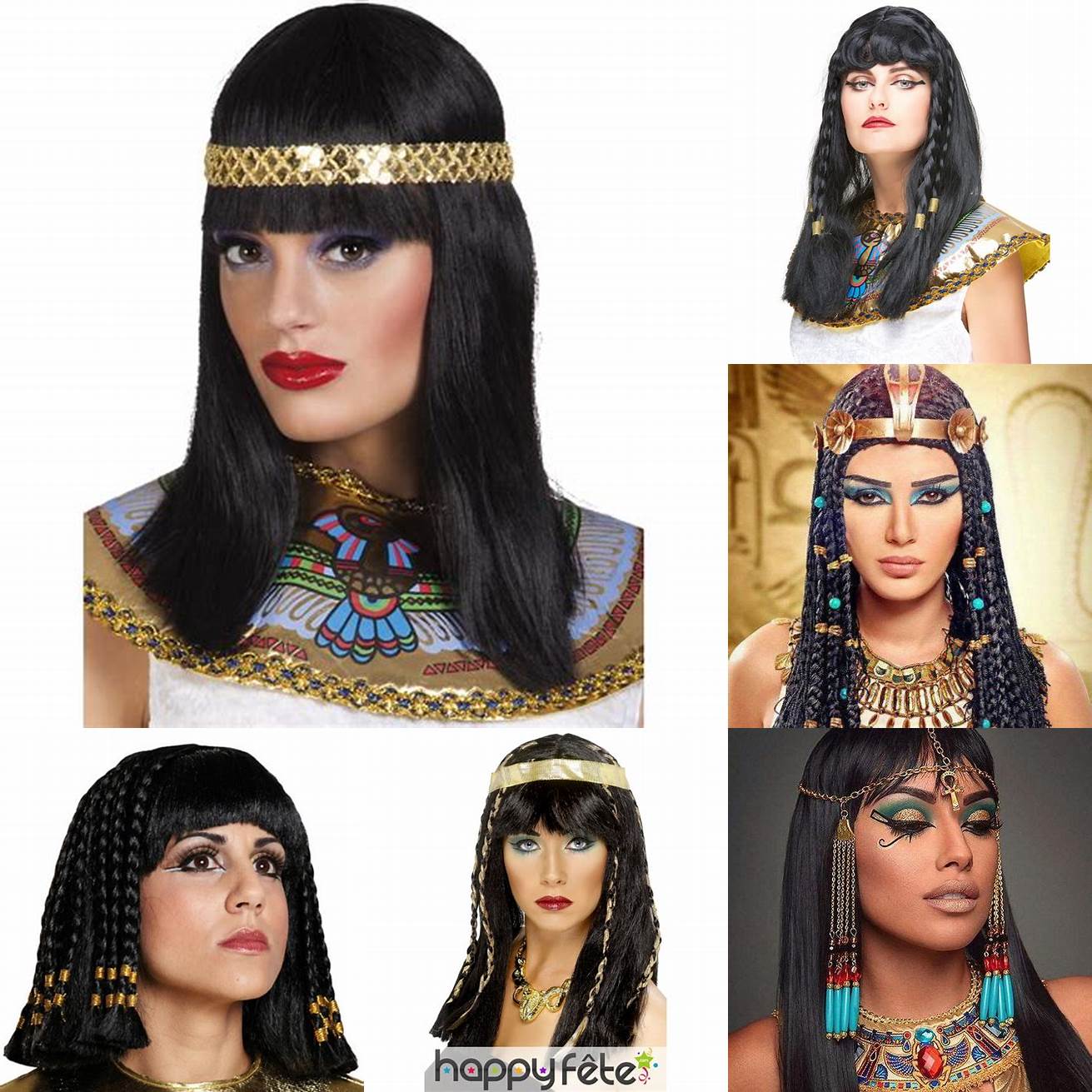 Coiffure égyptienne avec une perruque et des bijoux