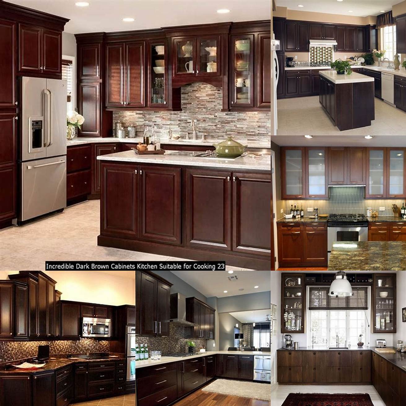 Dark brown kitchen cabinets with glass cabinet doors