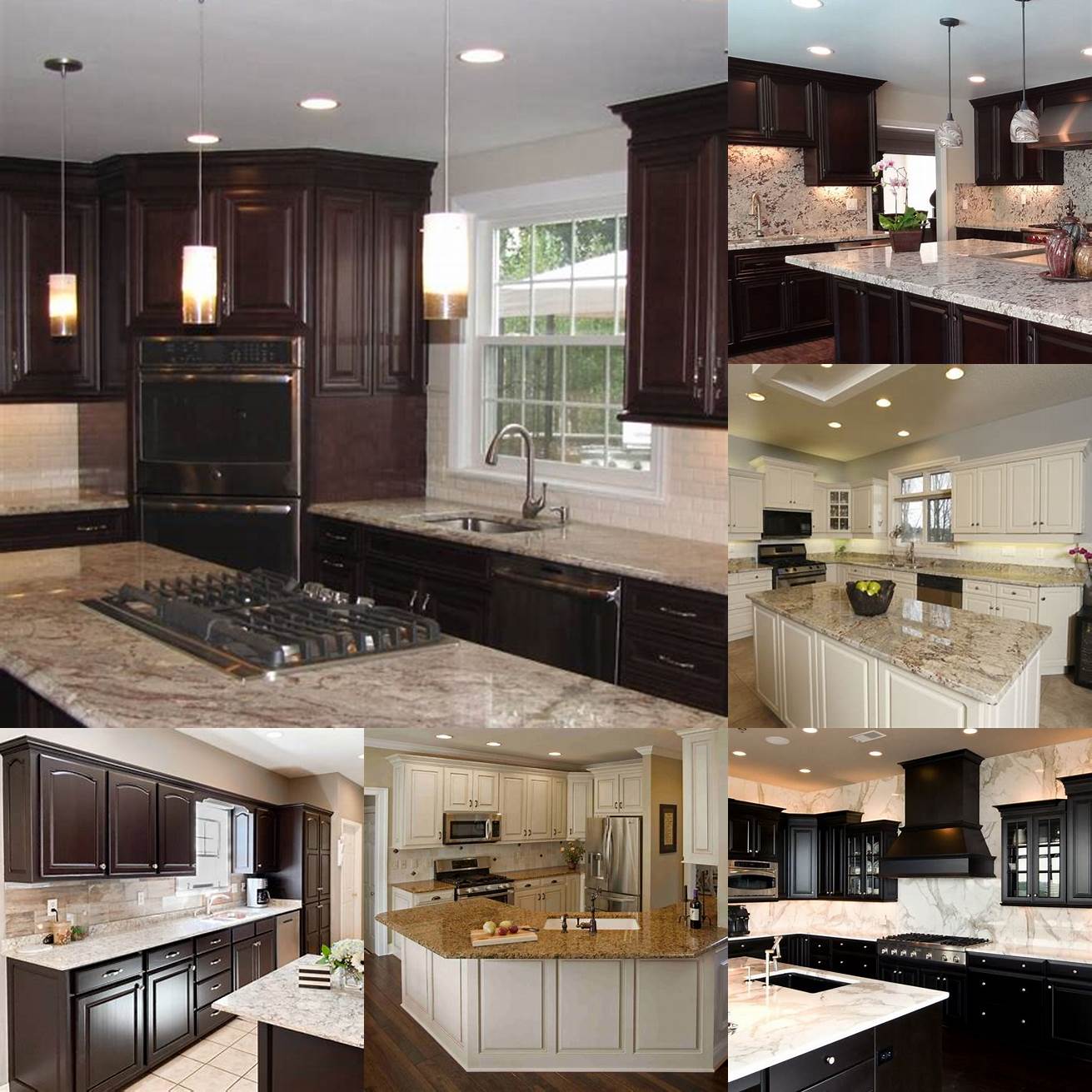 Dark brown kitchen cabinets with white marble countertops
