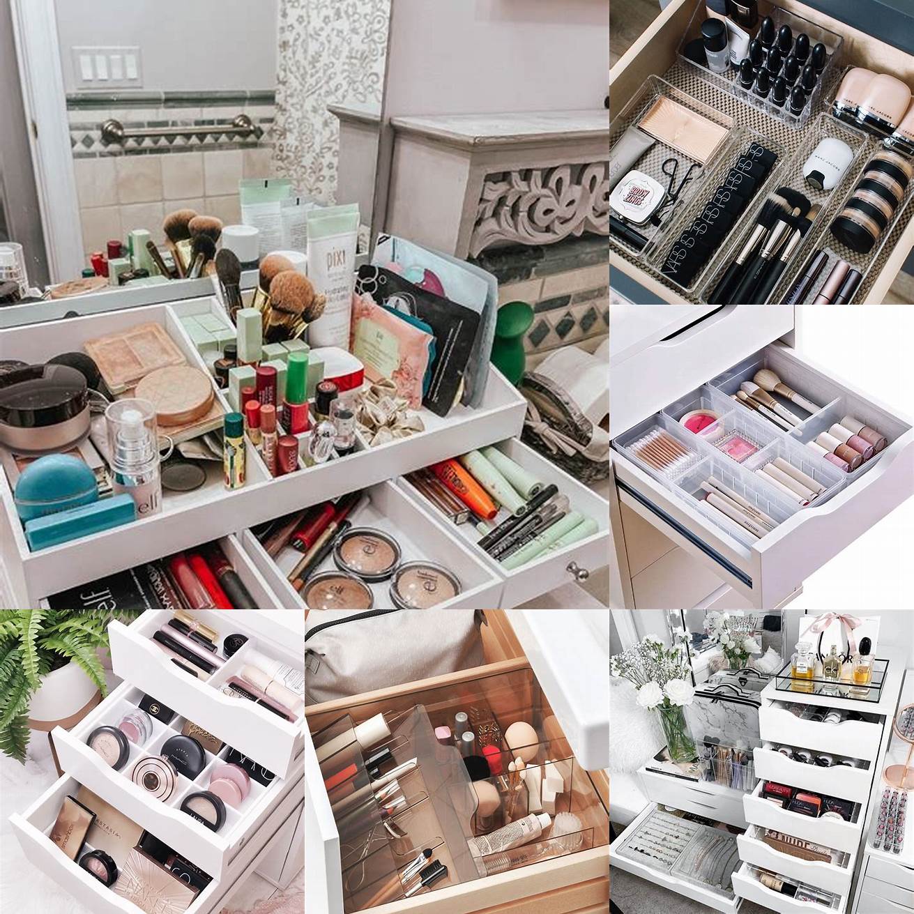 Drawers offer hidden storage and organization for small items like makeup and toiletries