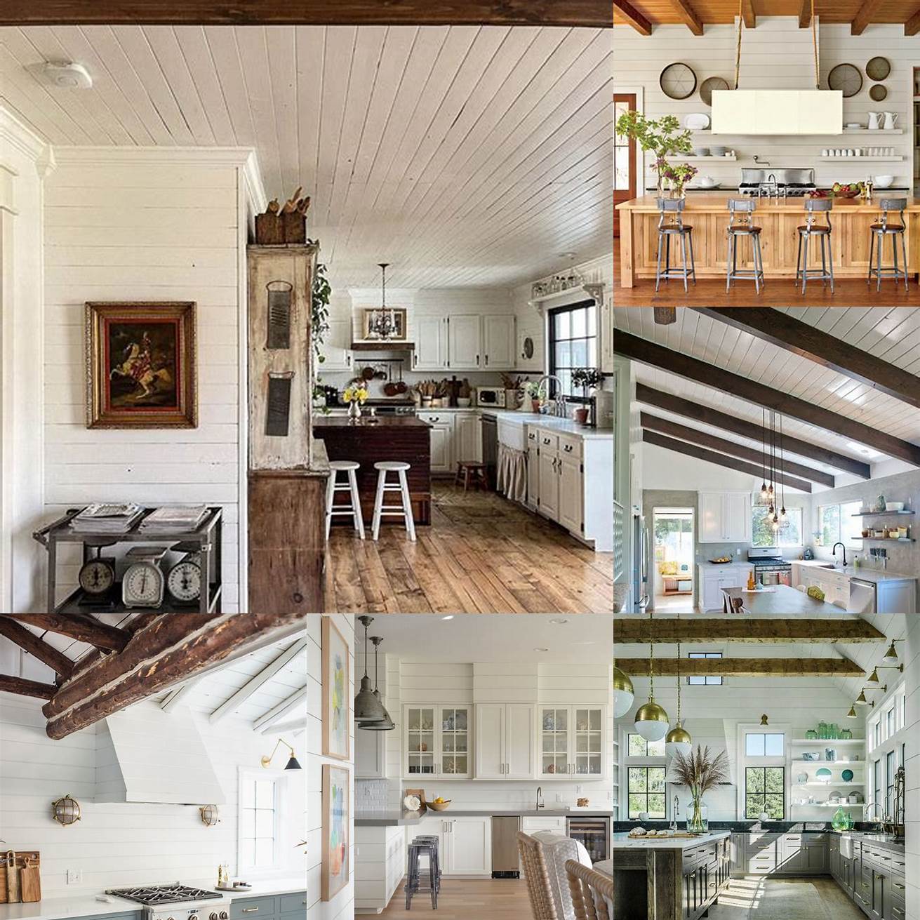 Farmhouse-style kitchen with white shiplap walls exposed ceiling beams and vintage lighting fixtures The open shelving and natural wood countertops add warmth and texture to the space