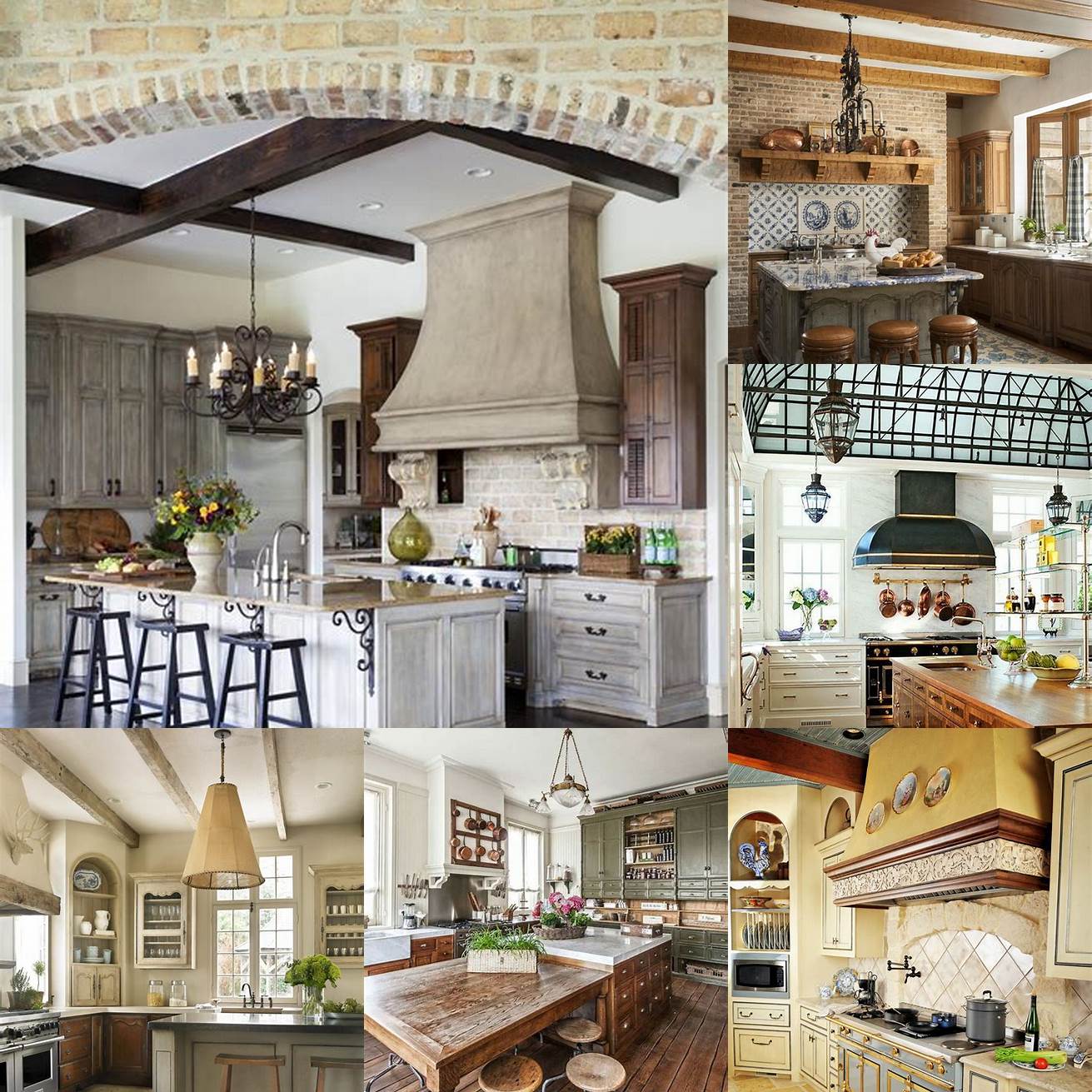 French country-style kitchen with a mix of vintage and modern elements The distressed wood flooring and furniture paired with the sleek and modern appliances create a unique and eclectic look