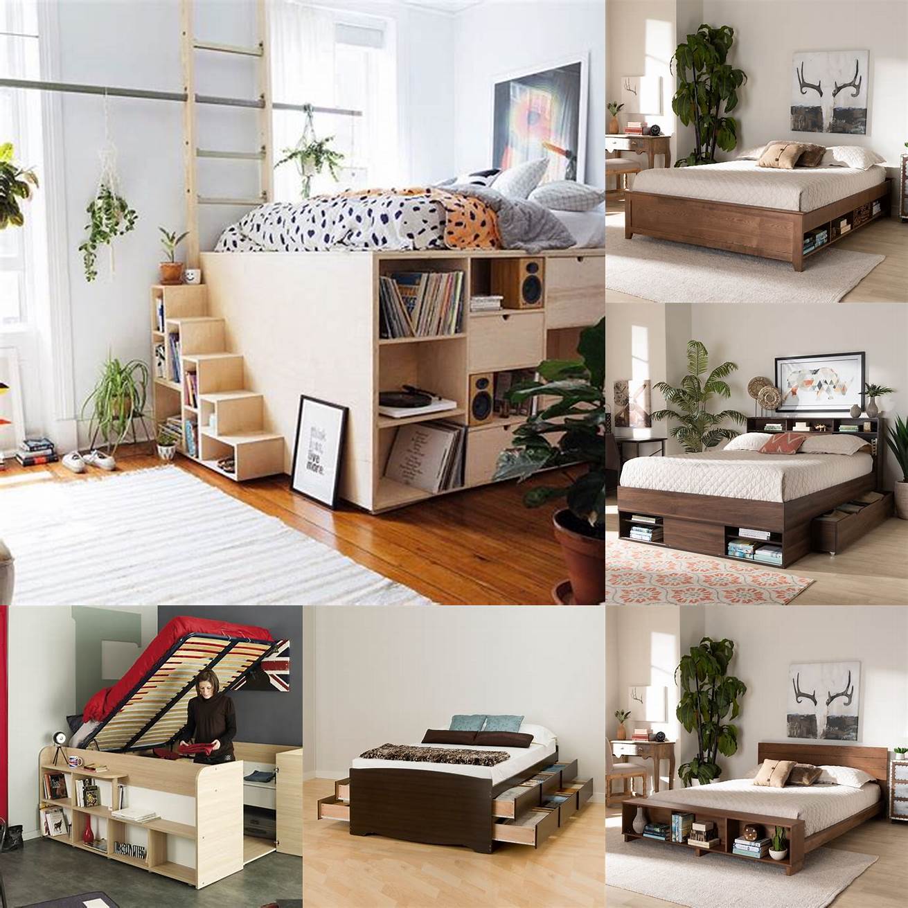 Image of a high platform bed with built-in storage