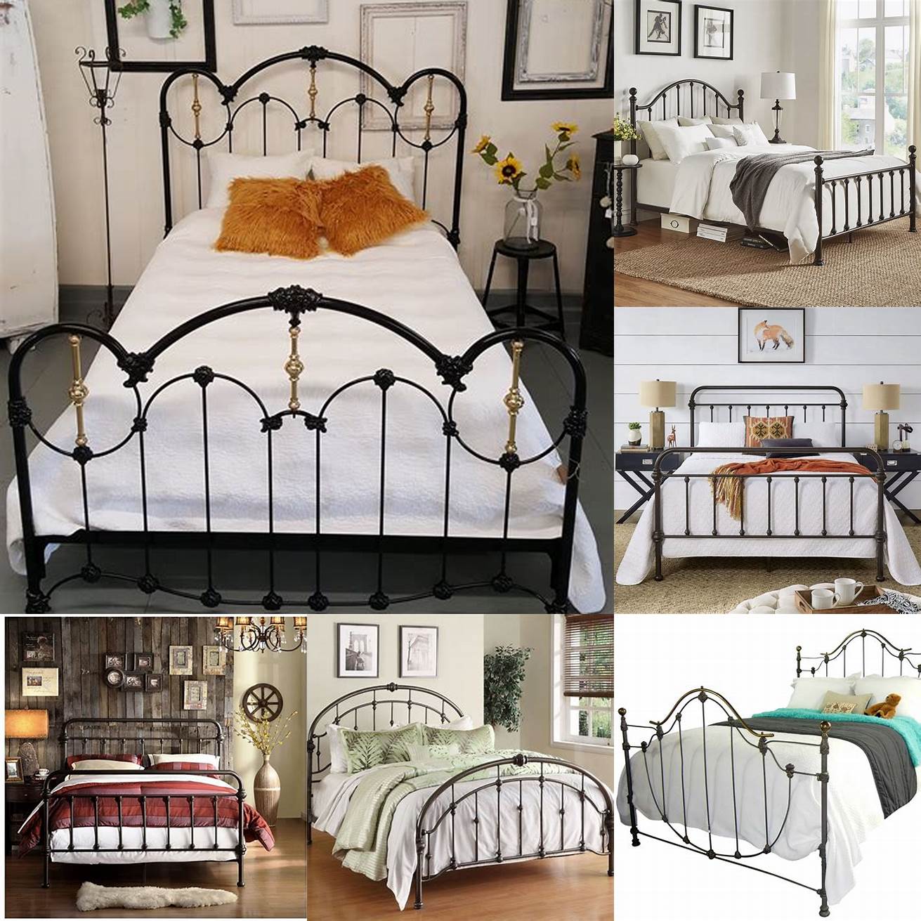 Iron bed frame queen with vintage rug and antique accessories