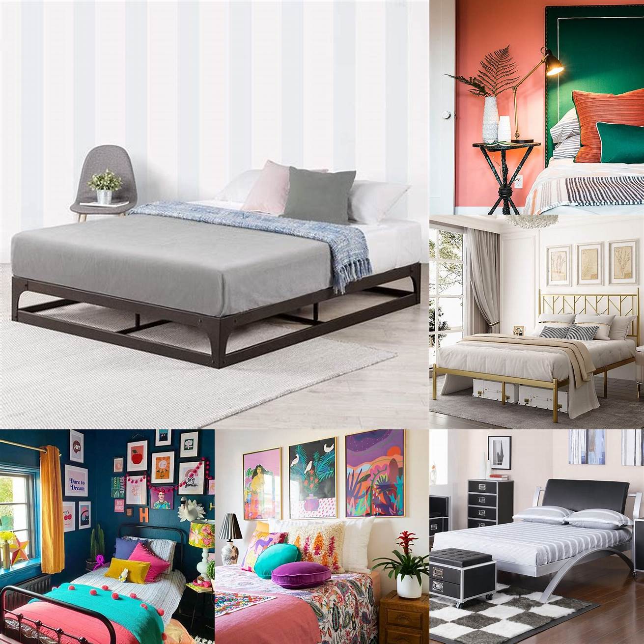 Metal platform bed in a bright and colorful bedroom