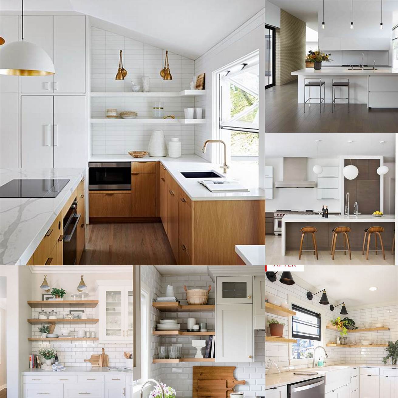Minimalist white kitchen with sleek cabinetry and open shelving