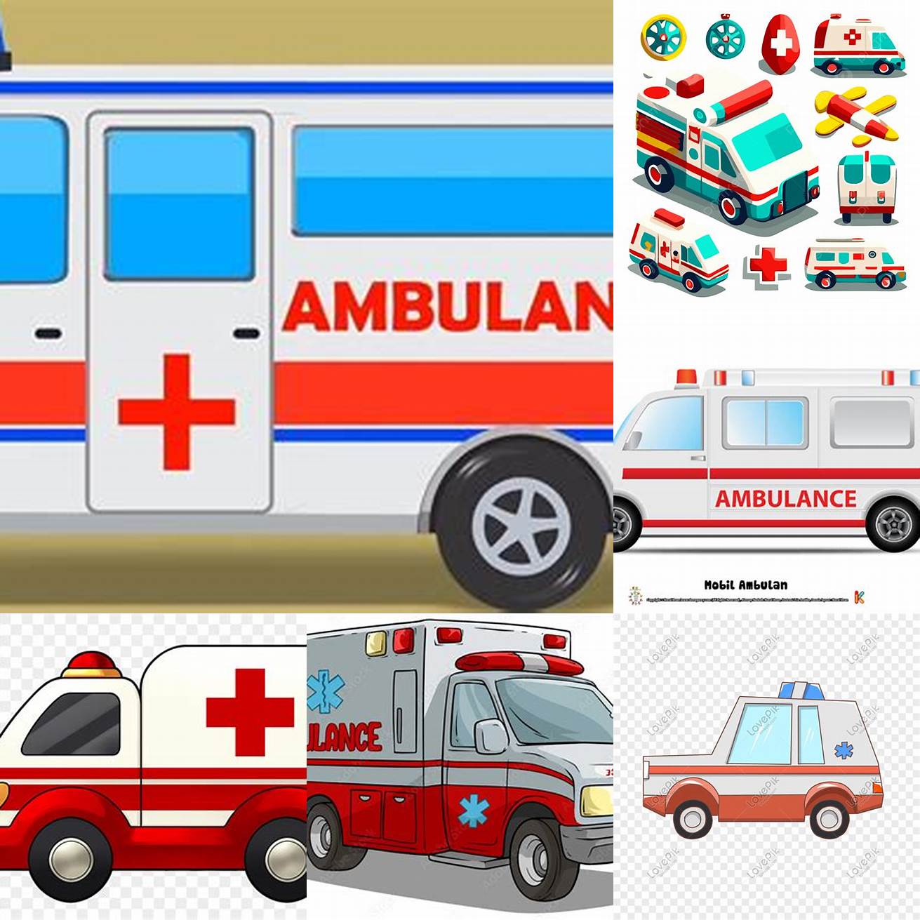 Mobil ambulance kartun dengan ukuran yang berbeda